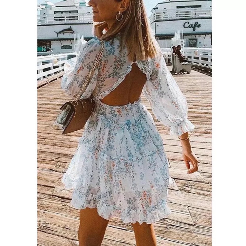 Floral Chiffon Ruffle Long Sleeve Open Back Dress - Picture 5 of 10